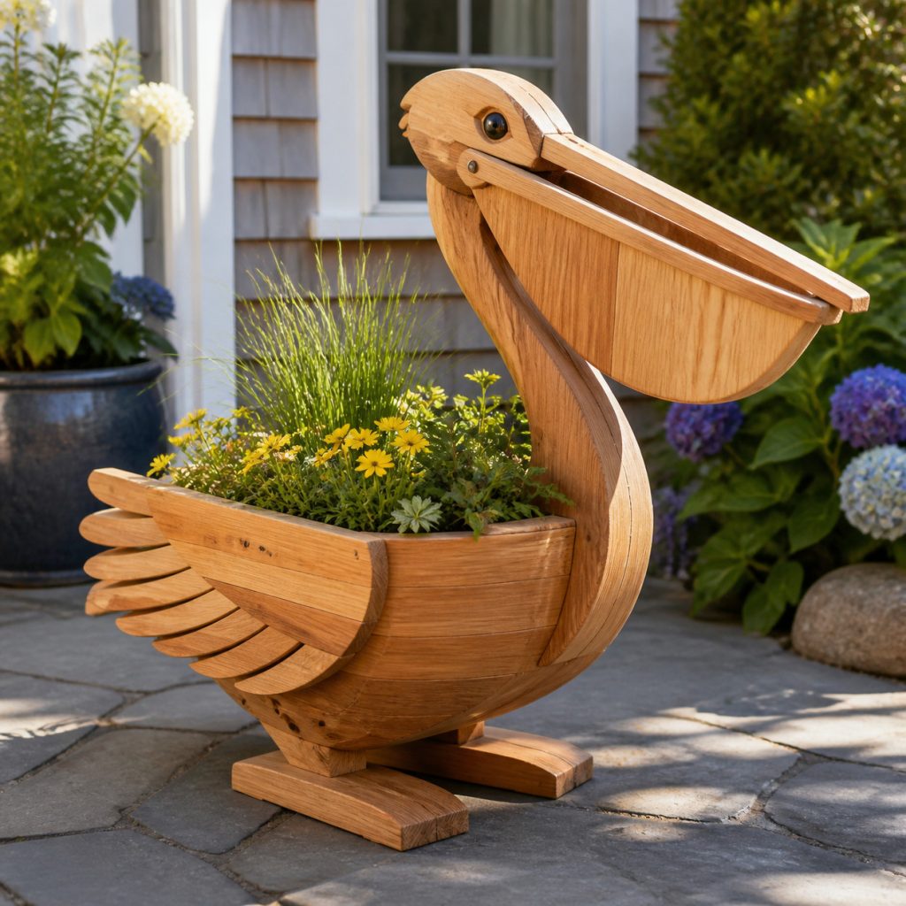 Low Body-Trough Pelican shown as a square photorealistic cedar garden planter filled with cottage flowers