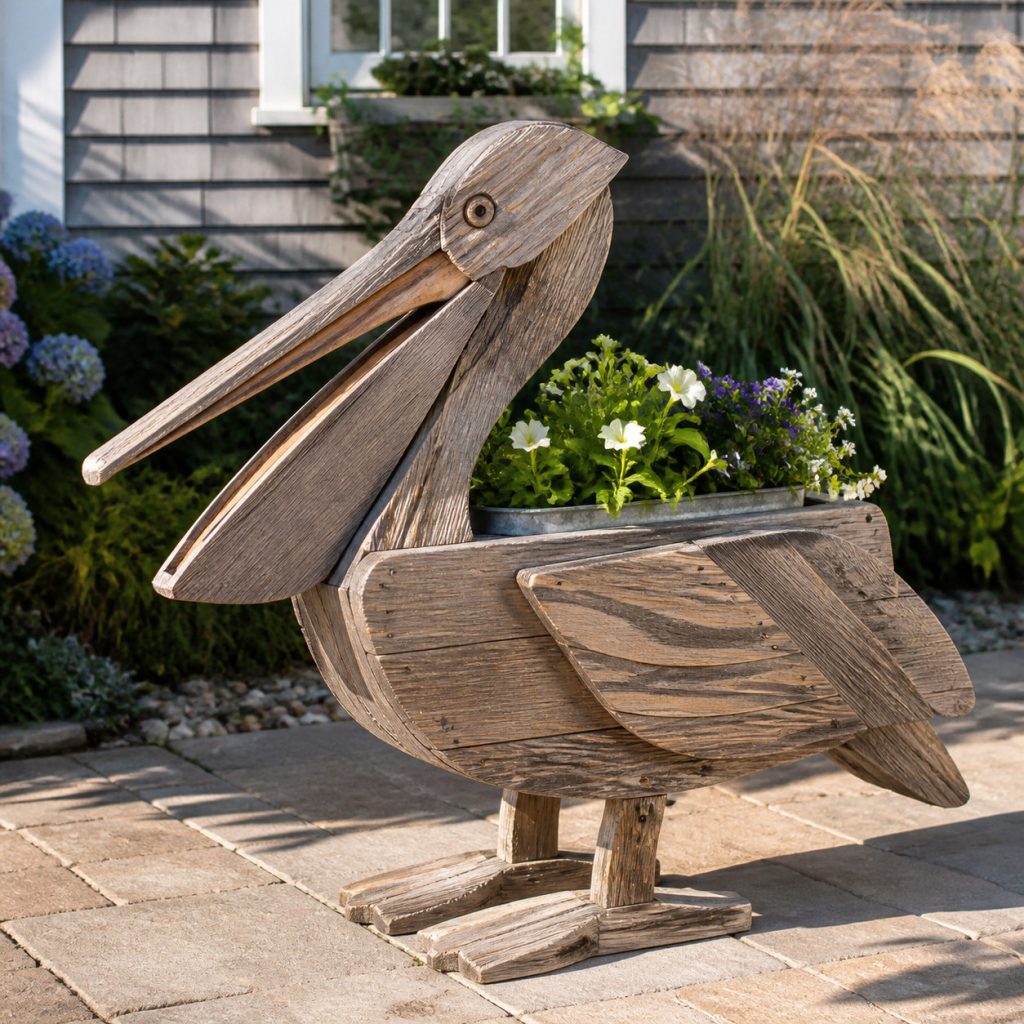Weathered Seaside Pelican shown as a square photorealistic cedar garden planter filled with cottage flowers