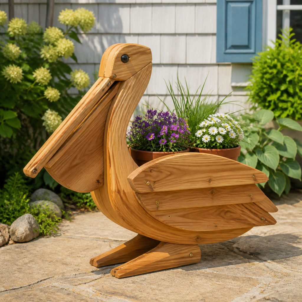 Pelican with Twin Flower Pots shown as a square photorealistic cedar garden planter filled with cottage flowers