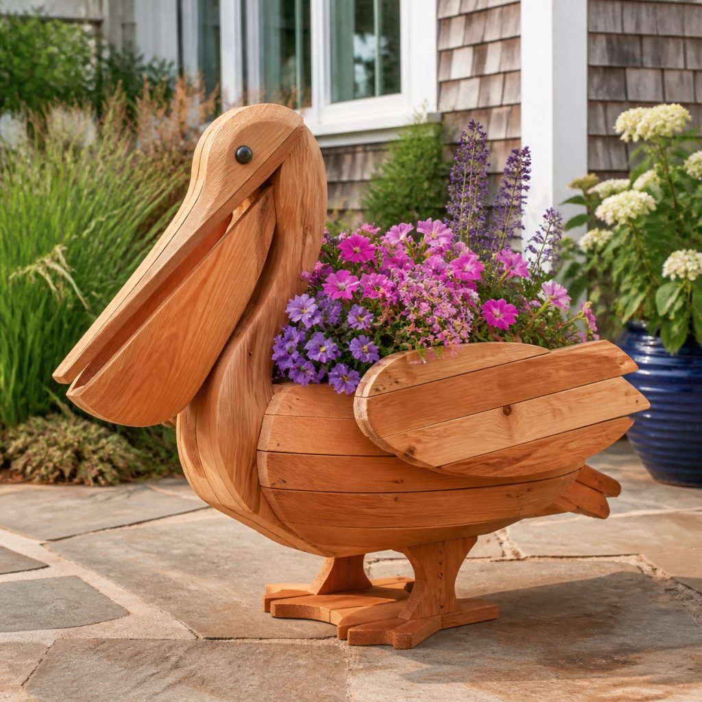 Pink-Bloom Cedar Pelican shown as a square photorealistic cedar garden planter filled with cottage flowers