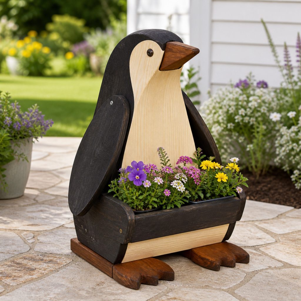 Classic Two-Tone Penguin shown as a square photorealistic cedar garden planter filled with cottage flowers