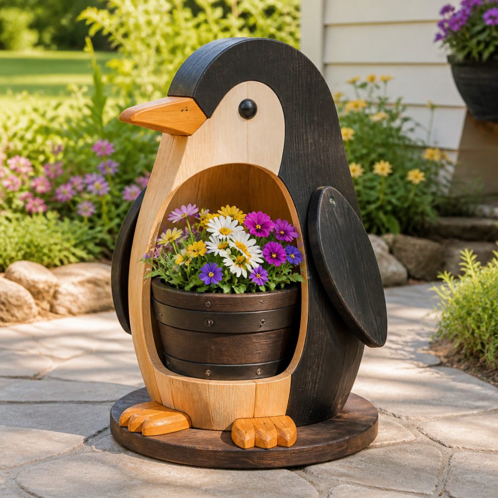 Compact Rounded Penguin Pot shown as a square photorealistic cedar garden planter filled with cottage flowers