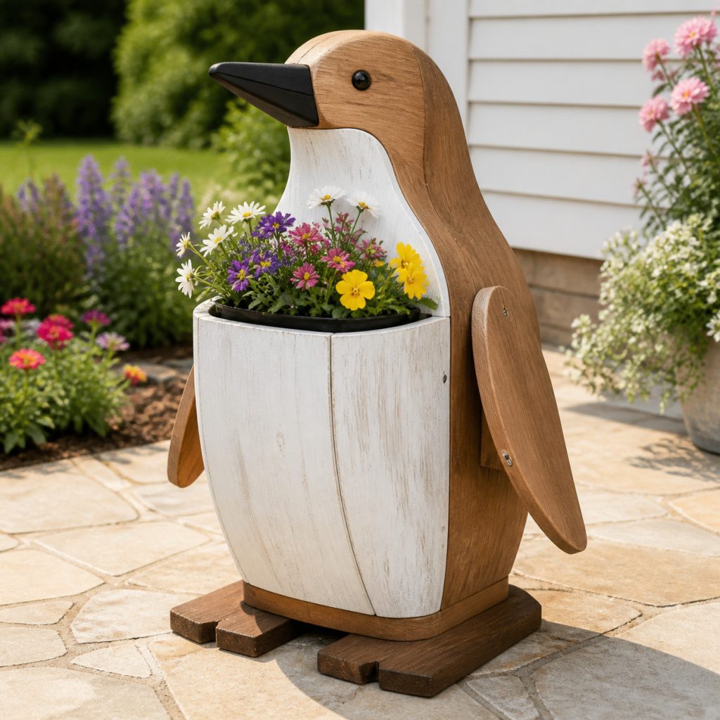 Whitewashed Belly Penguin shown as a square photorealistic cedar garden planter filled with cottage flowers