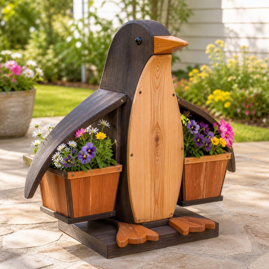 Penguin with Wing-Side Pots shown as a square photorealistic cedar garden planter filled with cottage flowers