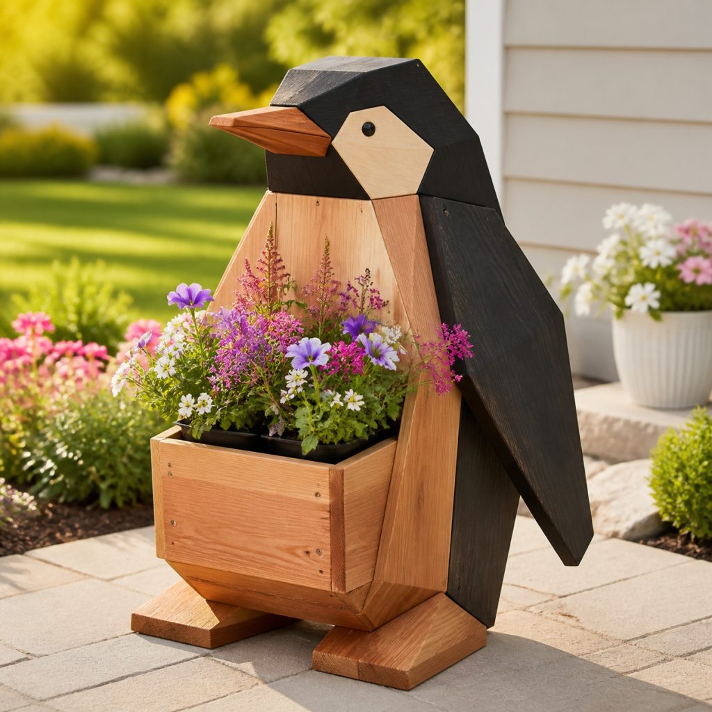 Modern Geometric Penguin shown as a square photorealistic cedar garden planter filled with cottage flowers