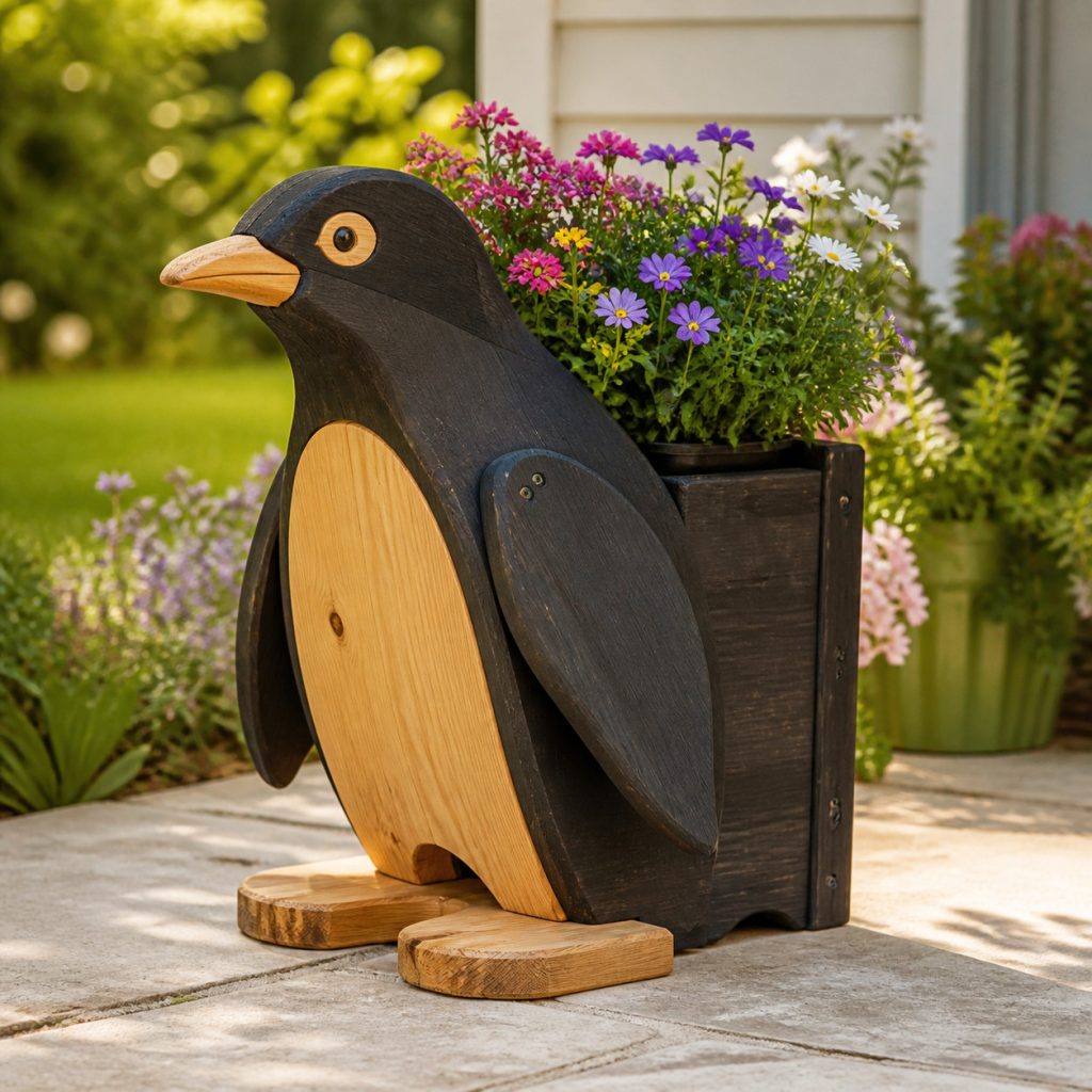 Dark-Stained Cedar Penguin shown as a square photorealistic cedar garden planter filled with cottage flowers