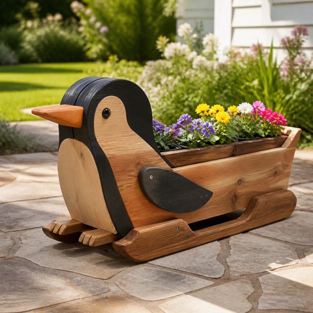 Low Wide Penguin Trough shown as a square photorealistic cedar garden planter filled with cottage flowers