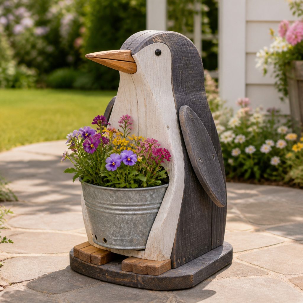 Weathered Cottage Penguin shown as a square photorealistic cedar garden planter filled with cottage flowers