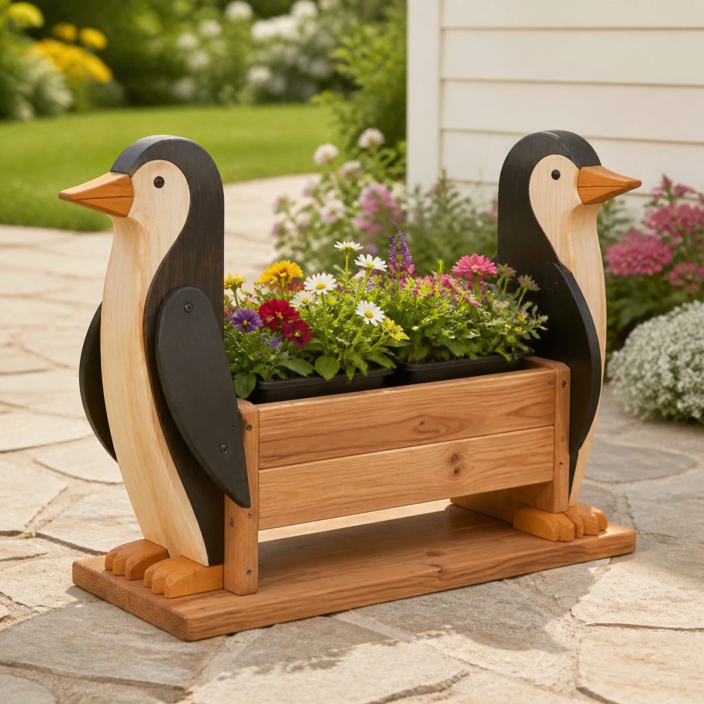 Penguin Pair on One Base shown as a square photorealistic cedar garden planter filled with cottage flowers