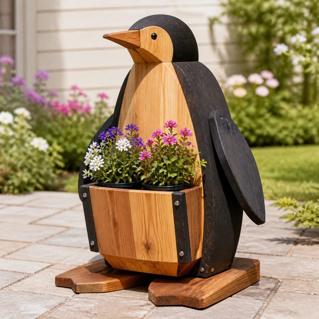 Tall Penguin with Body Planter shown as a square photorealistic cedar garden planter filled with cottage flowers