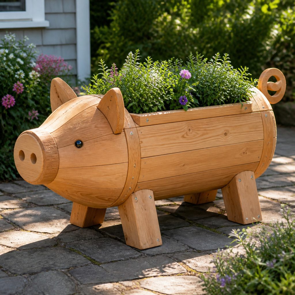 Classic Cedar Pig Planter shown as a square photorealistic cedar garden planter filled with cottage flowers