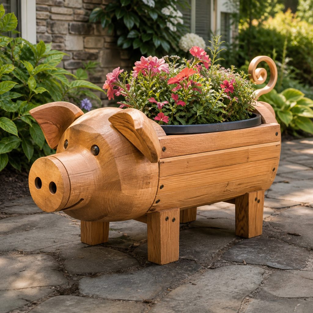 Compact Piglet Flower Pot shown as a square photorealistic cedar garden planter filled with cottage flowers