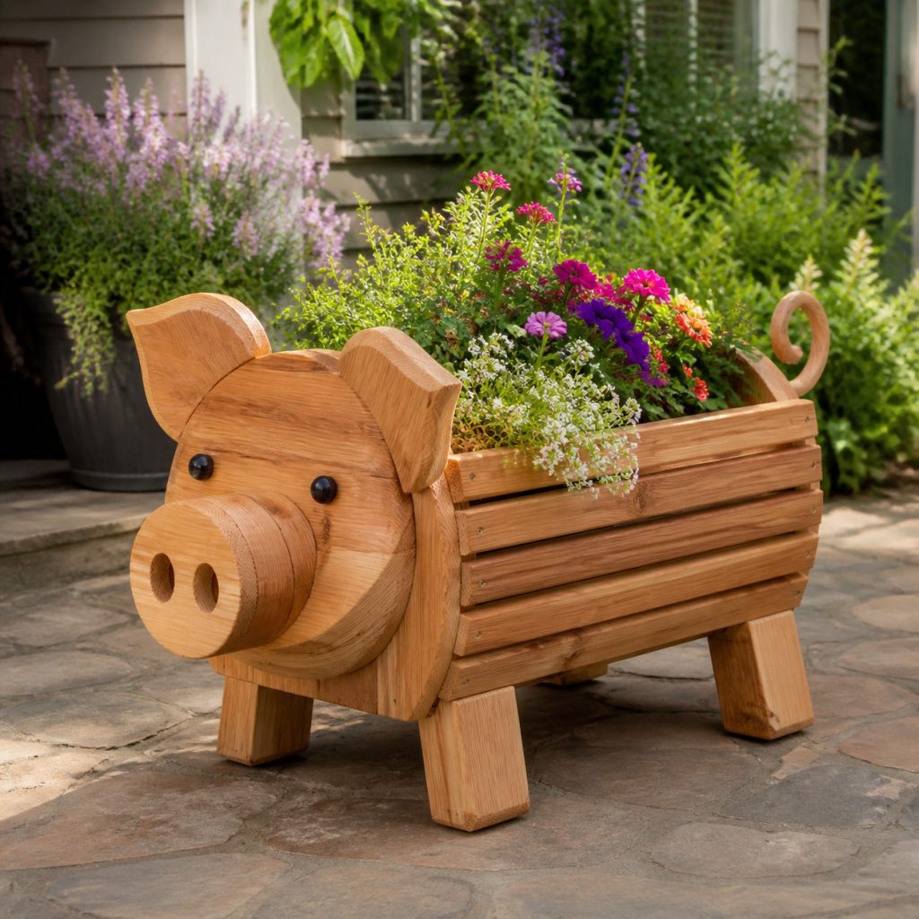 Slatted-Body Garden Pig shown as a square photorealistic cedar garden planter filled with cottage flowers