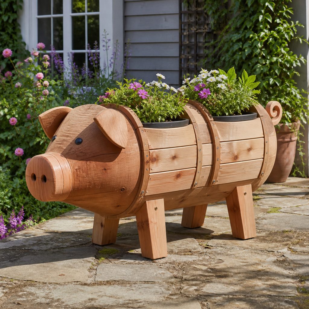 Pig with Saddle Pots shown as a square photorealistic cedar garden planter filled with cottage flowers