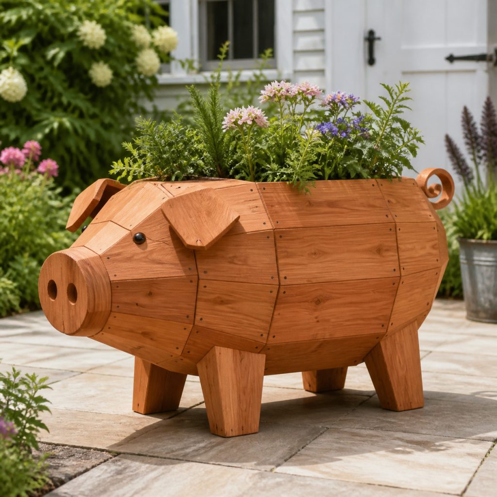 Modern Geometric Pig shown as a square photorealistic cedar garden planter filled with cottage flowers