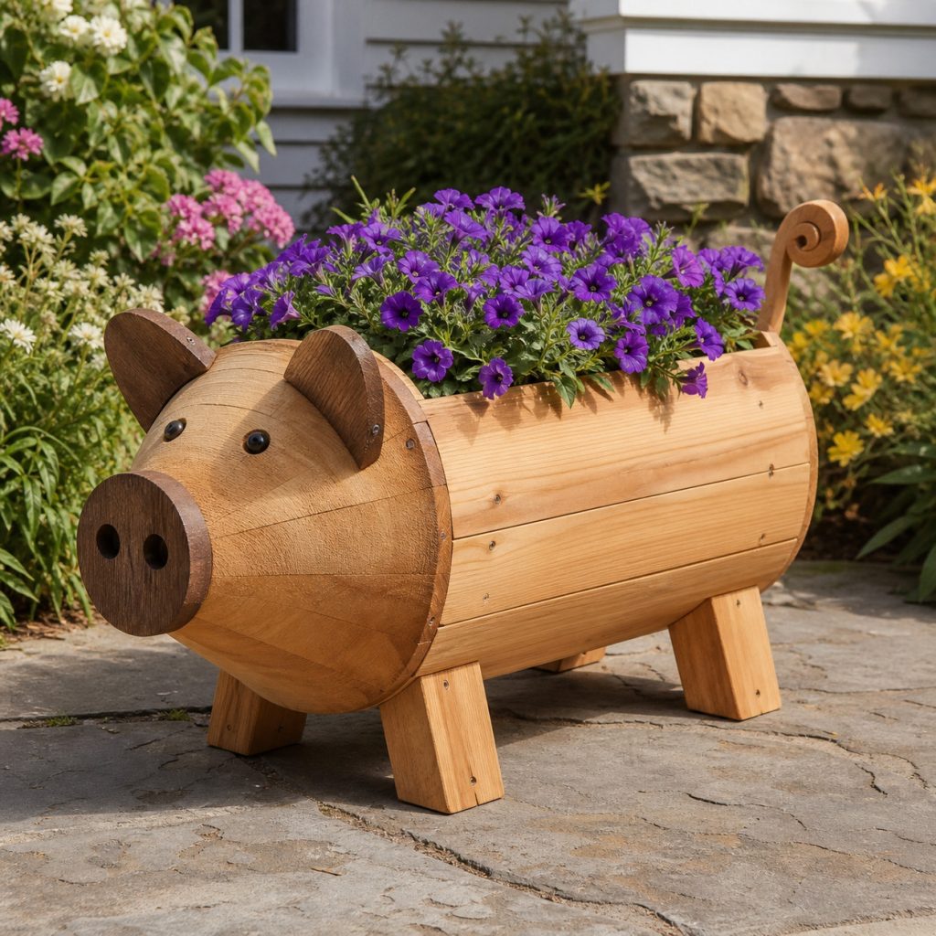 Two-Tone Cedar Pig shown as a square photorealistic cedar garden planter filled with cottage flowers