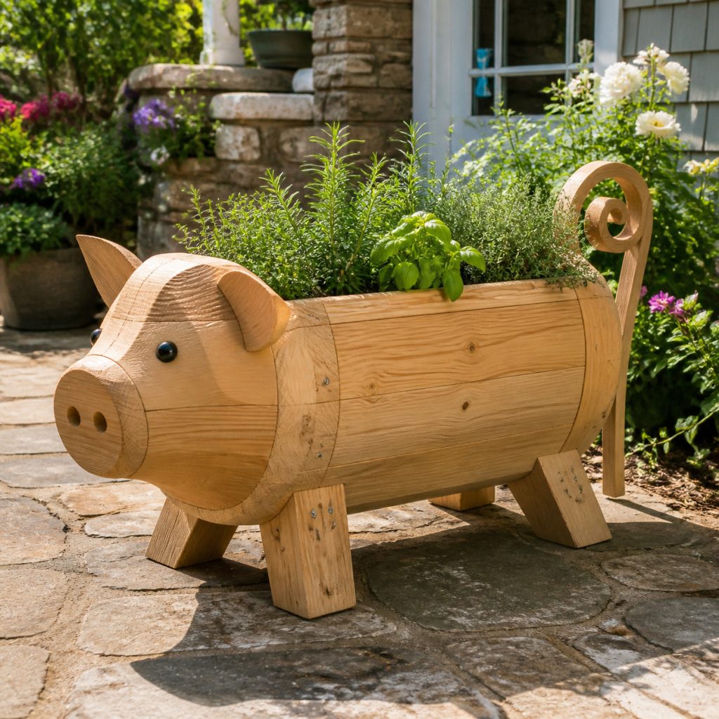 Low Herb-Trough Pig shown as a square photorealistic cedar garden planter filled with cottage flowers