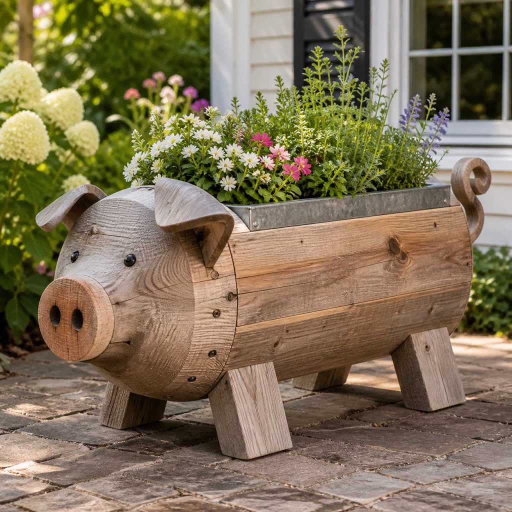 Weathered Cottage Pig shown as a square photorealistic cedar garden planter filled with cottage flowers