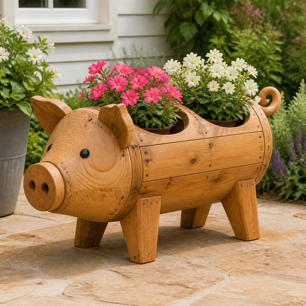 Pig with Twin Flower Pots shown as a square photorealistic cedar garden planter filled with cottage flowers