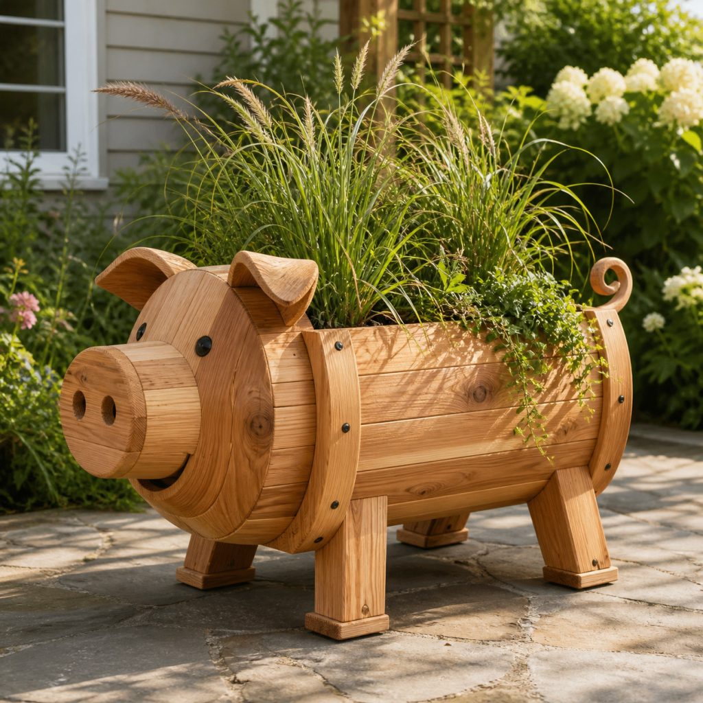 Large Broad-Base Pig shown as a square photorealistic cedar garden planter filled with cottage flowers