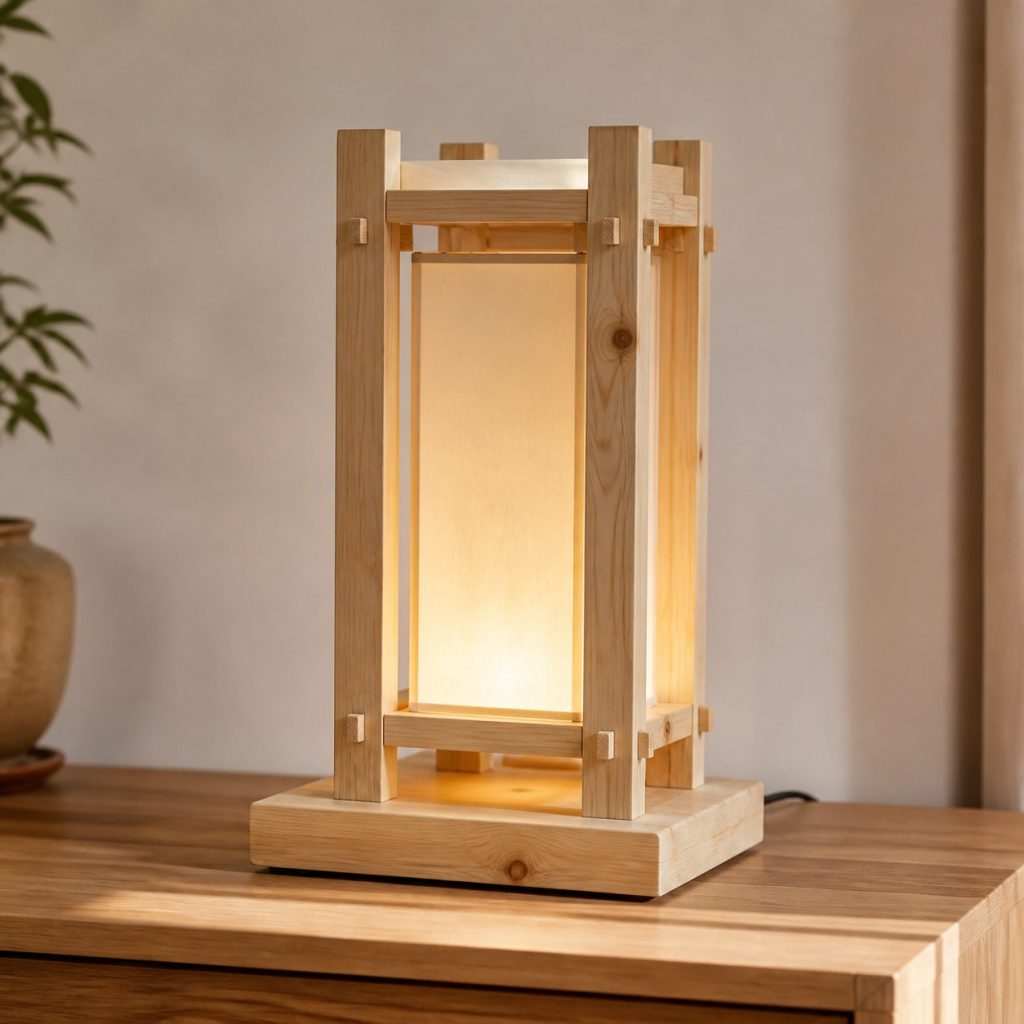 Pine Framed Diffuser Lamp shown as an original square photorealistic pine wood lamp with authentic grain, warm diffused light, and a short dark power cord