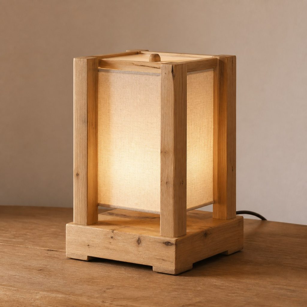 Reclaimed Pine Bedside Lamp shown as an original square photorealistic pine wood lamp with authentic grain, warm diffused light, and a short dark power cord