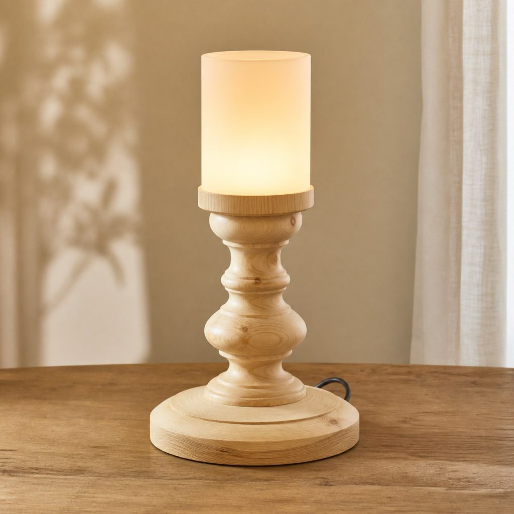 Turned Pine Spindle Lamp shown as an original square photorealistic pine wood lamp with authentic grain, warm diffused light, and a short dark power cord