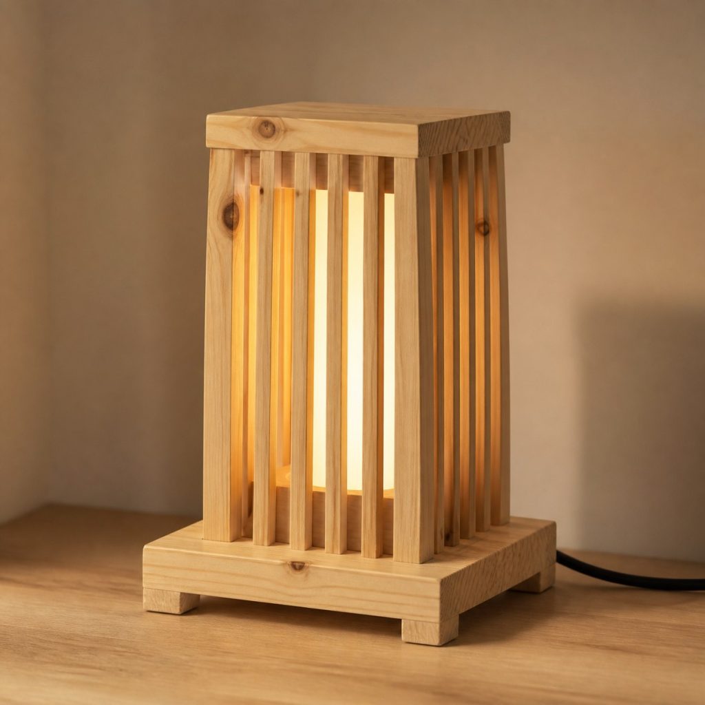 Slatted Pine Lantern Lamp shown as an original square photorealistic pine wood lamp with authentic grain, warm diffused light, and a short dark power cord