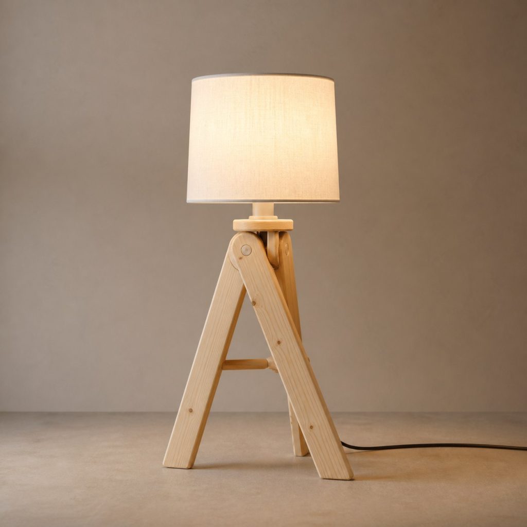 Pine Tripod Reading Lamp shown as an original square photorealistic pine wood lamp with authentic grain, warm diffused light, and a short dark power cord