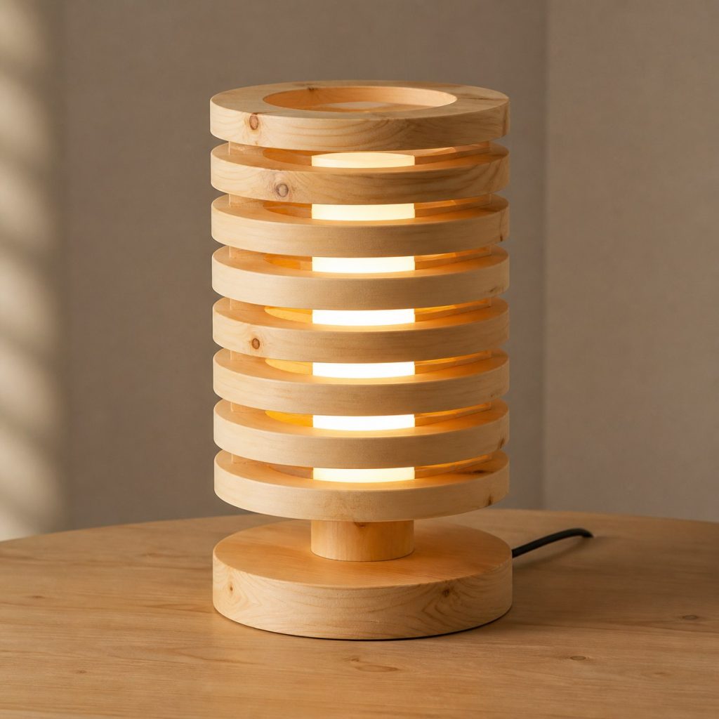 Stacked Pine Ring Lamp shown as an original square photorealistic pine wood lamp with authentic grain, warm diffused light, and a short dark power cord
