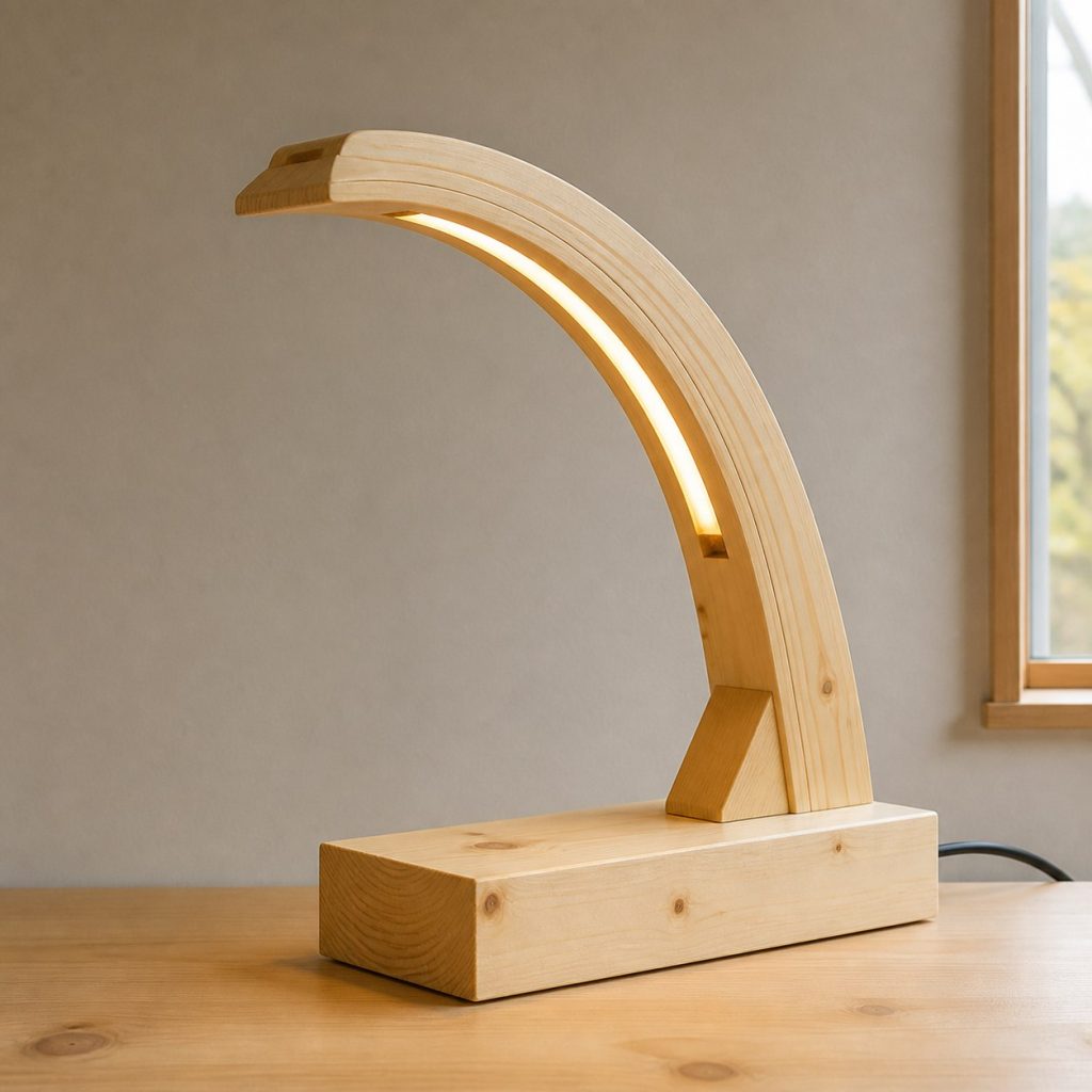 Laminated Pine Arch Lamp shown as an original square photorealistic pine wood lamp with authentic grain, warm diffused light, and a short dark power cord