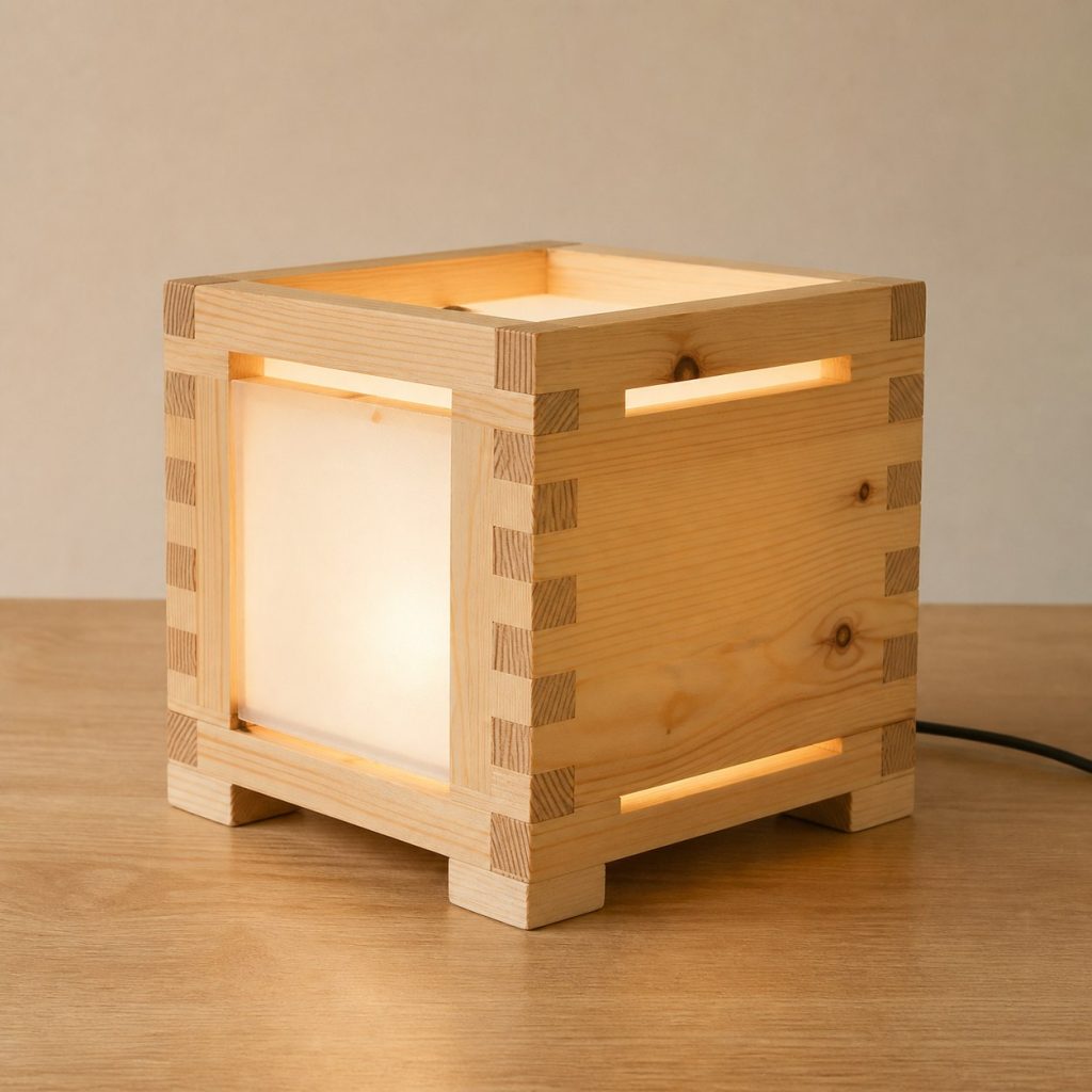 Box-Jointed Pine Cube Lamp shown as an original square photorealistic pine wood lamp with authentic grain, warm diffused light, and a short dark power cord