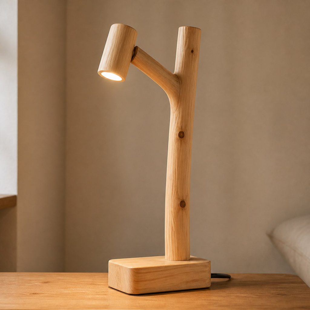 Pine Branch Reading Lamp shown as an original square photorealistic pine wood lamp with authentic grain, warm diffused light, and a short dark power cord