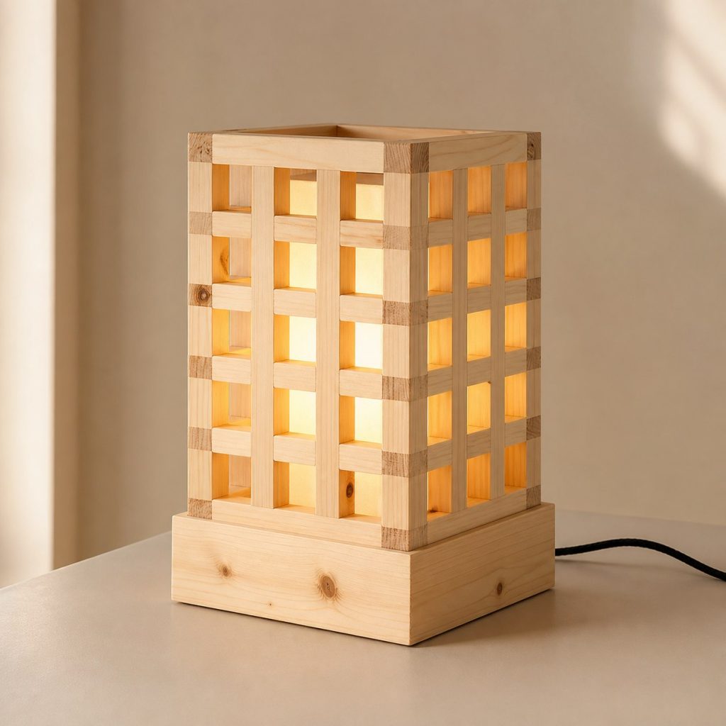 Pine Lattice Lamp shown as an original square photorealistic pine wood lamp with authentic grain, warm diffused light, and a short dark power cord