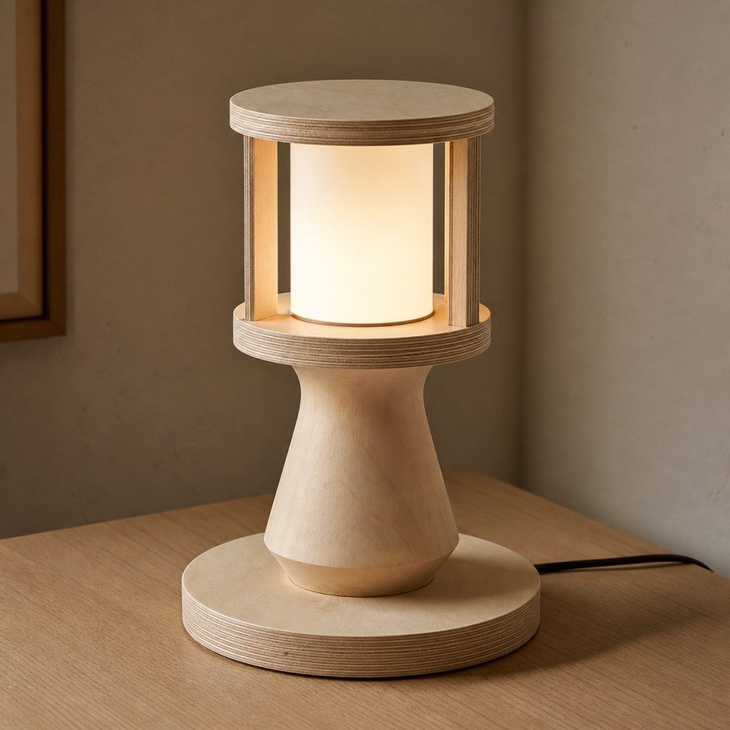 Turned-Layer Plywood Bedside Lamp shown as an original square photorealistic birch plywood lamp with authentic grain, warm diffused light, and a short dark power cord
