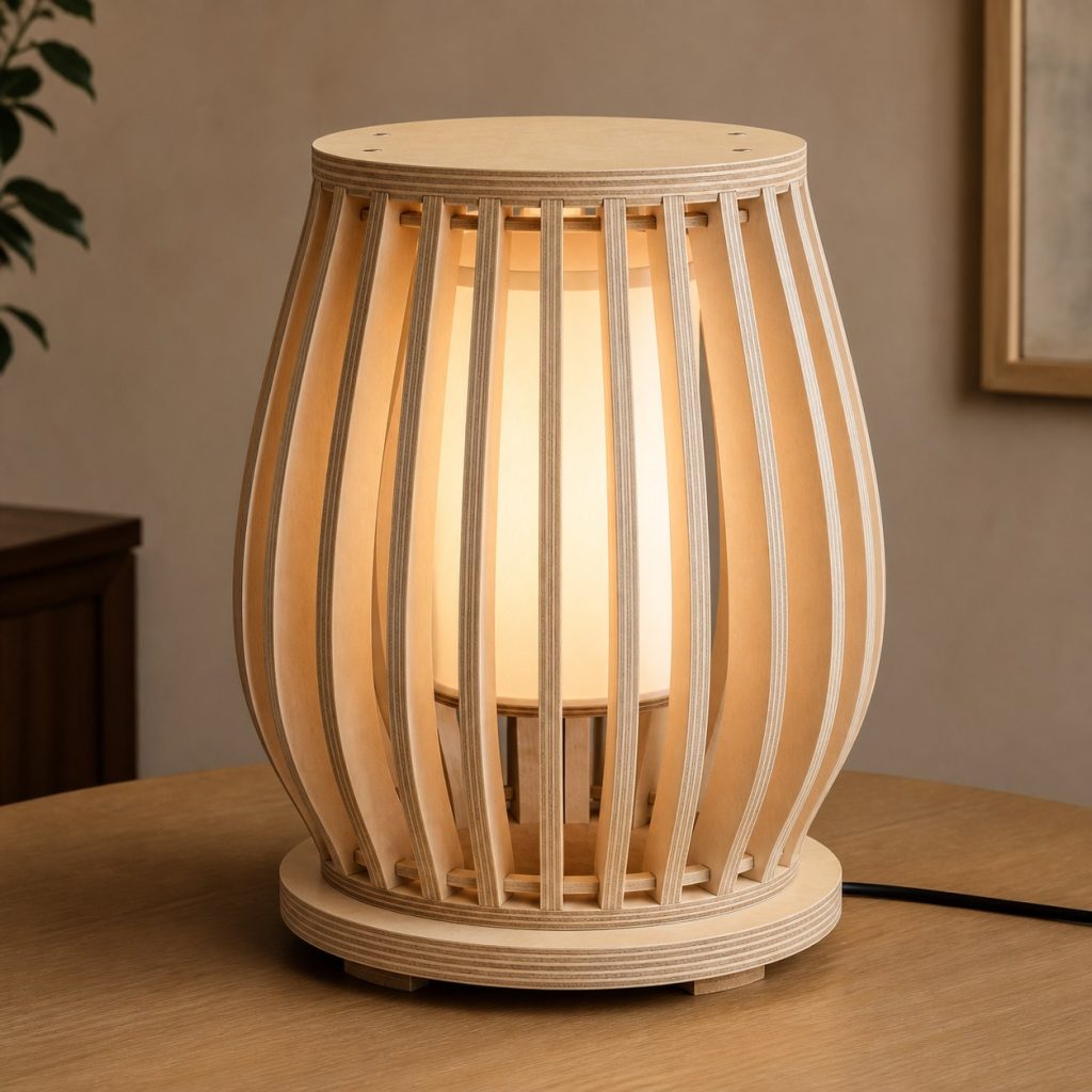 Slatted Plywood Lantern Lamp shown as an original square photorealistic birch plywood lamp with authentic grain, warm diffused light, and a short dark power cord
