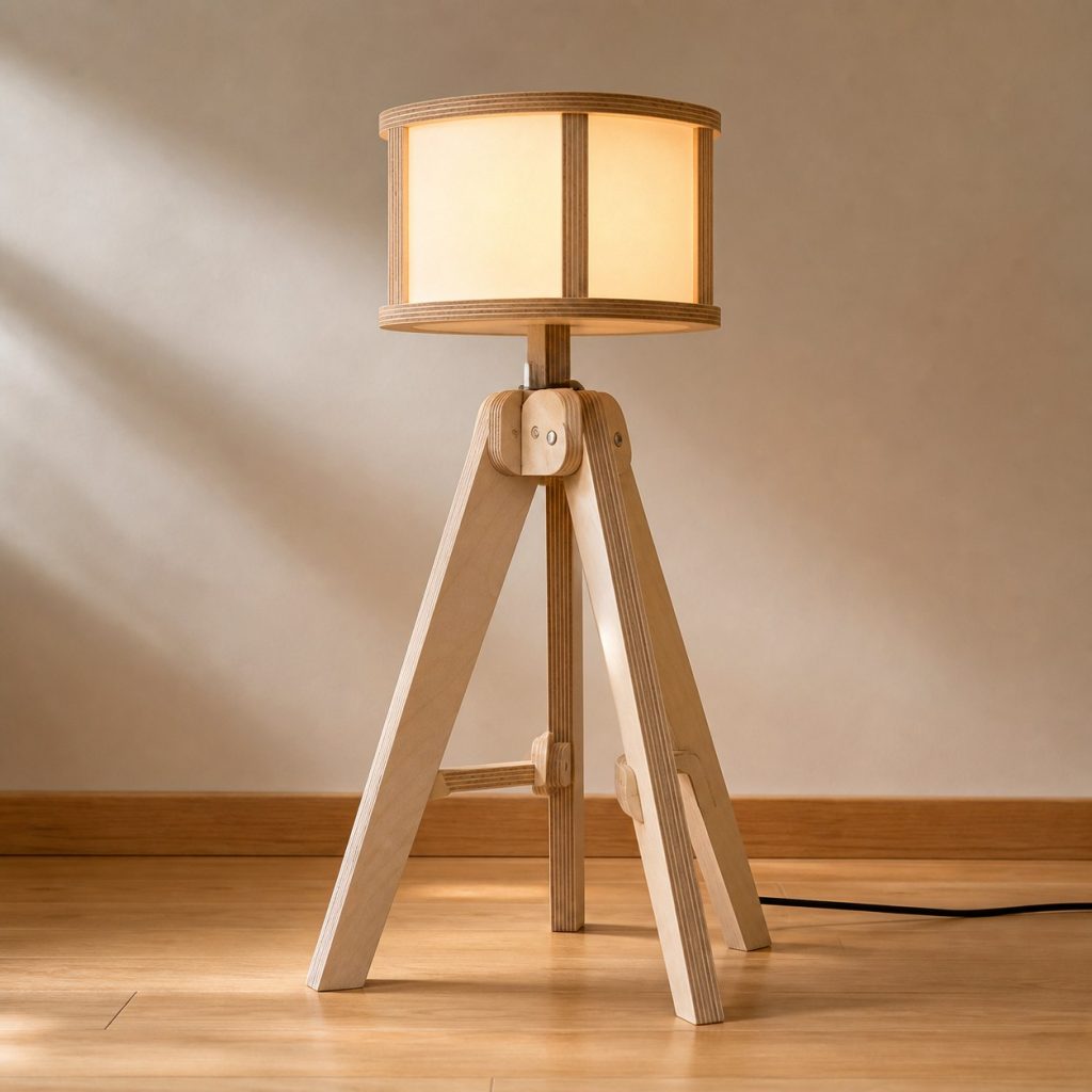 Plywood Tripod Reading Lamp shown as an original square photorealistic birch plywood lamp with authentic grain, warm diffused light, and a short dark power cord