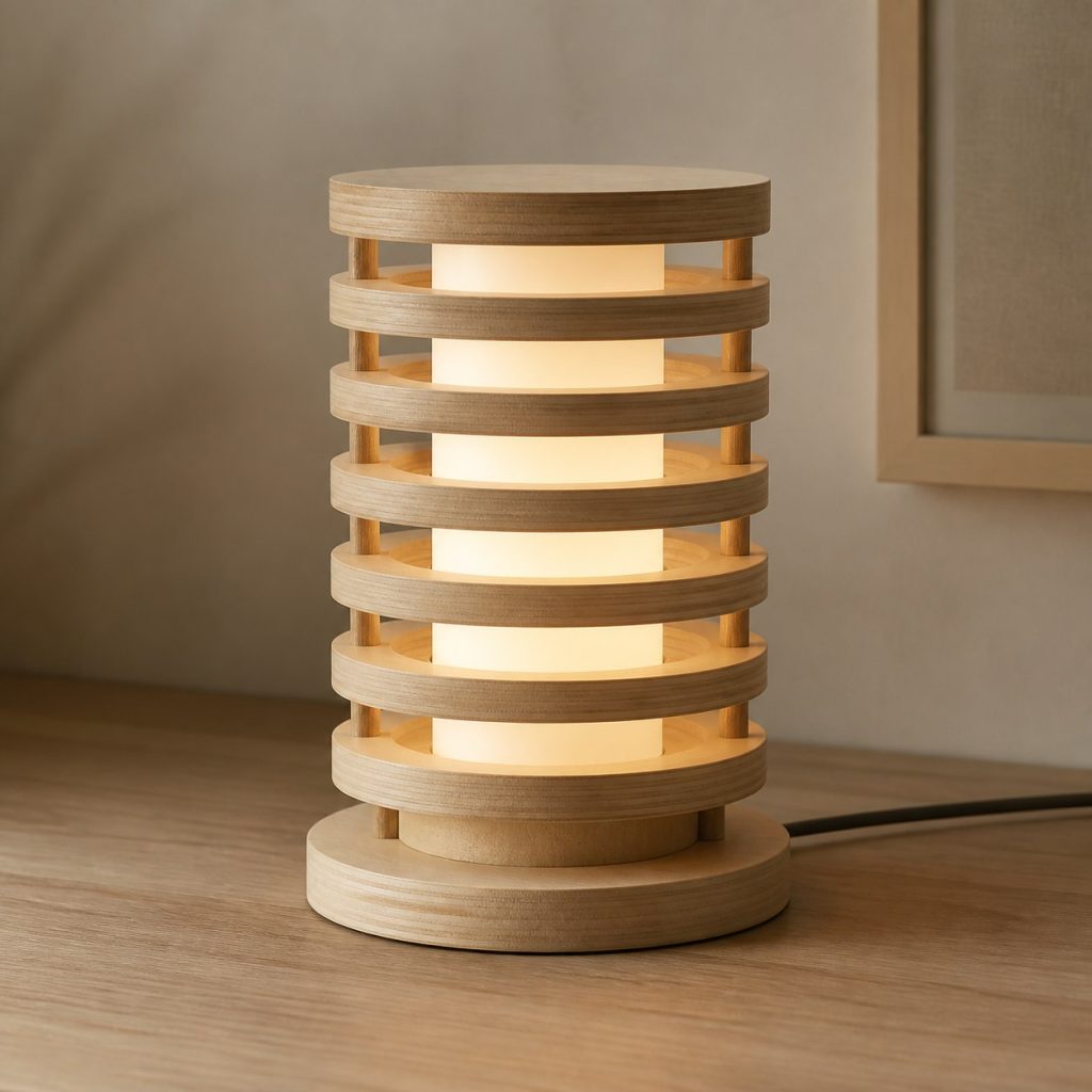 Stacked Plywood Ring Lamp shown as an original square photorealistic birch plywood lamp with authentic grain, warm diffused light, and a short dark power cord