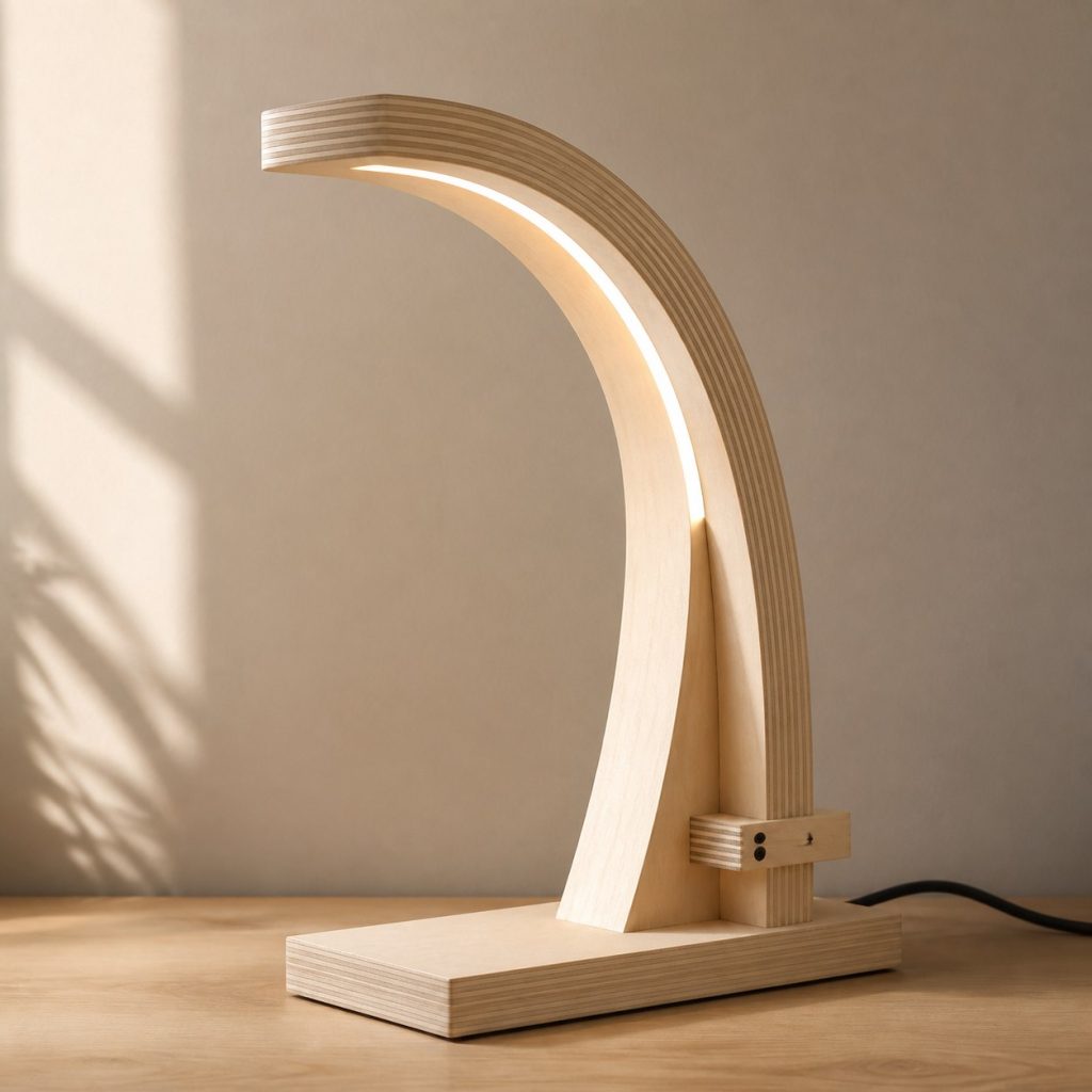 Laminated Plywood Arch Lamp shown as an original square photorealistic birch plywood lamp with authentic grain, warm diffused light, and a short dark power cord