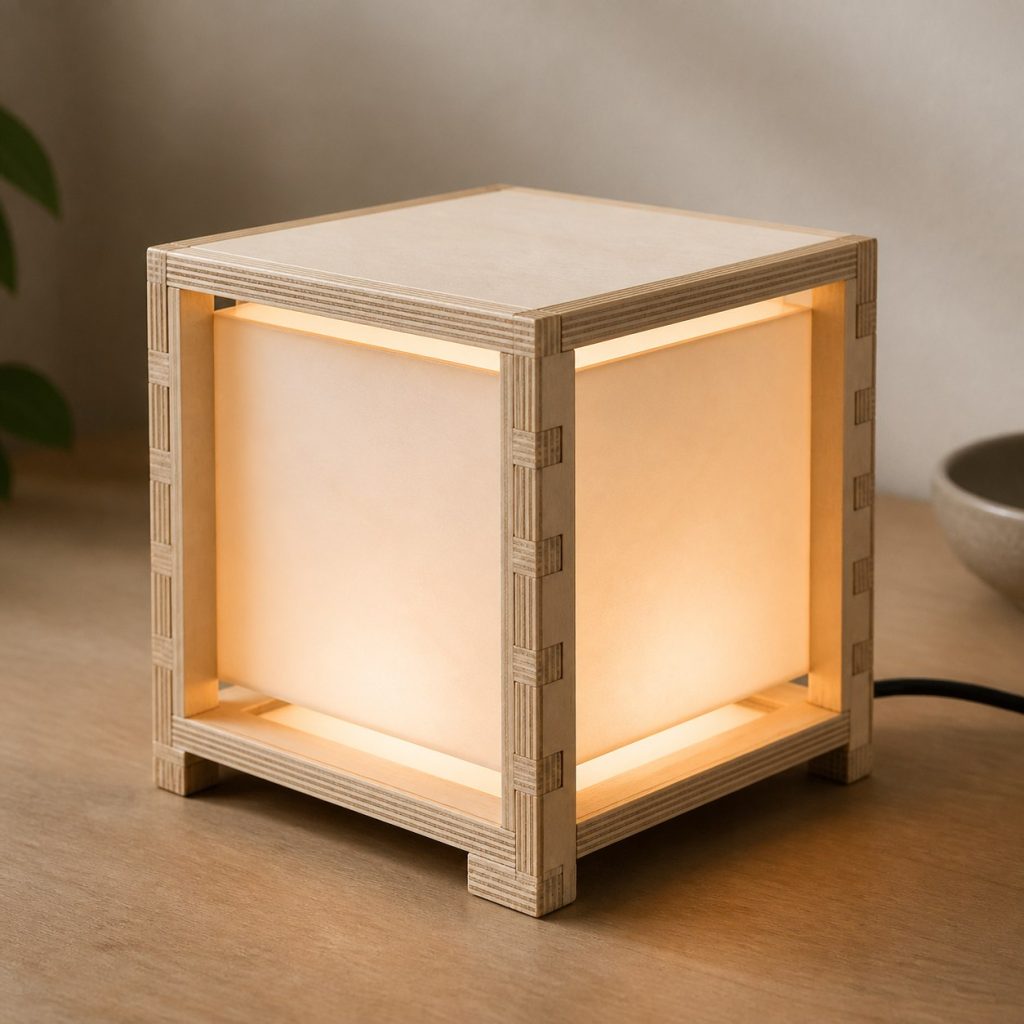 Box-Jointed Plywood Cube Lamp shown as an original square photorealistic birch plywood lamp with authentic grain, warm diffused light, and a short dark power cord