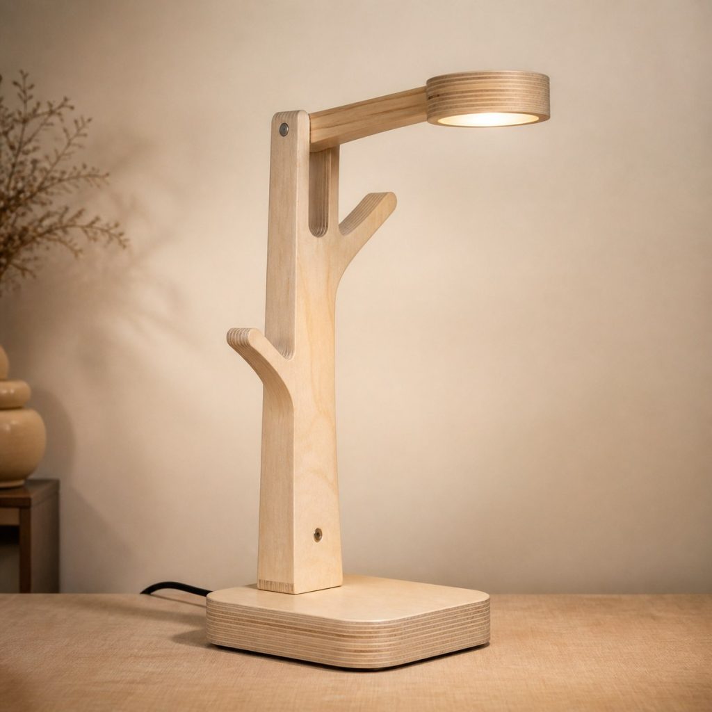 Plywood Branch Reading Lamp shown as an original square photorealistic birch plywood lamp with authentic grain, warm diffused light, and a short dark power cord