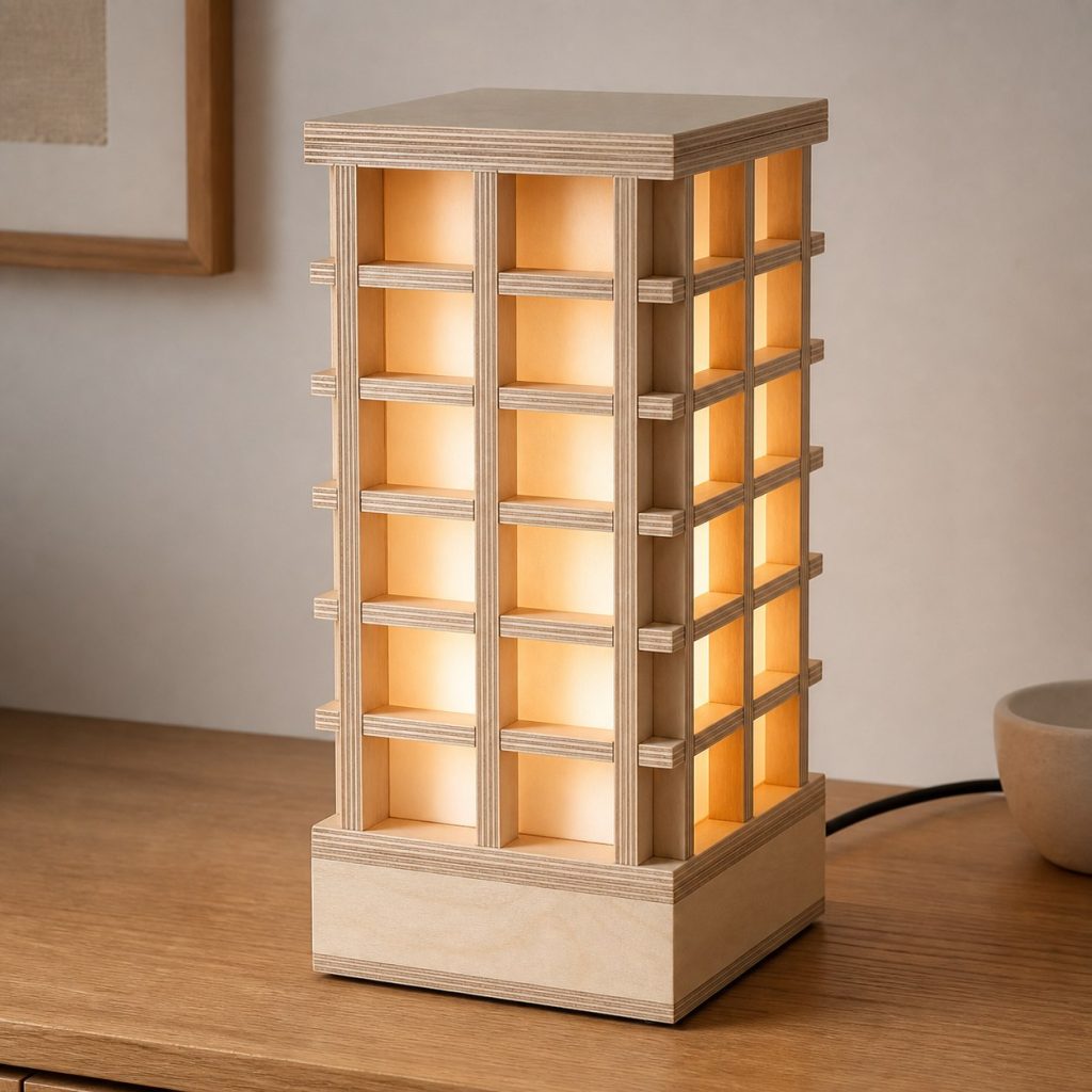 Plywood Lattice Lamp shown as an original square photorealistic birch plywood lamp with authentic grain, warm diffused light, and a short dark power cord