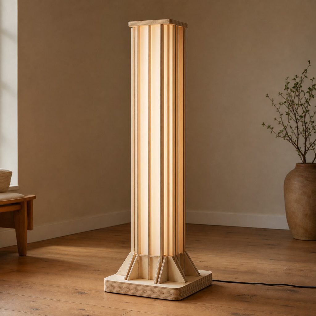 Plywood Column Floor Lamp shown as an original square photorealistic birch plywood lamp with authentic grain, warm diffused light, and a short dark power cord