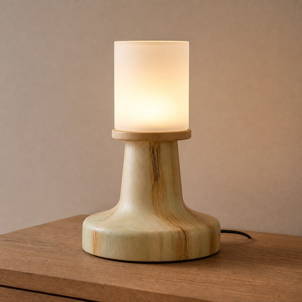 Poplar Turned Bedside Lamp shown as an original square photorealistic poplar wood lamp with authentic grain, warm diffused light, and a short dark power cord