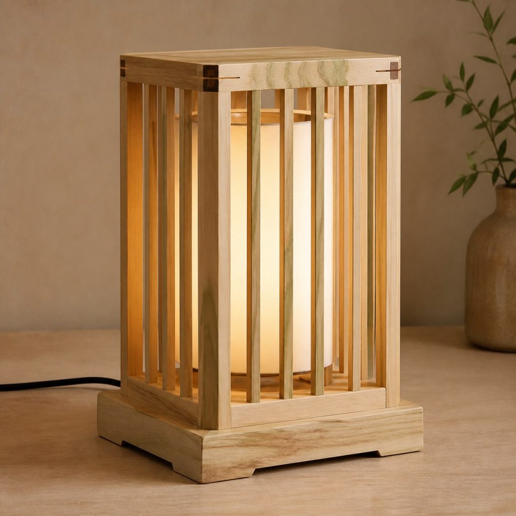 Poplar Slatted Lantern Lamp shown as an original square photorealistic poplar wood lamp with authentic grain, warm diffused light, and a short dark power cord