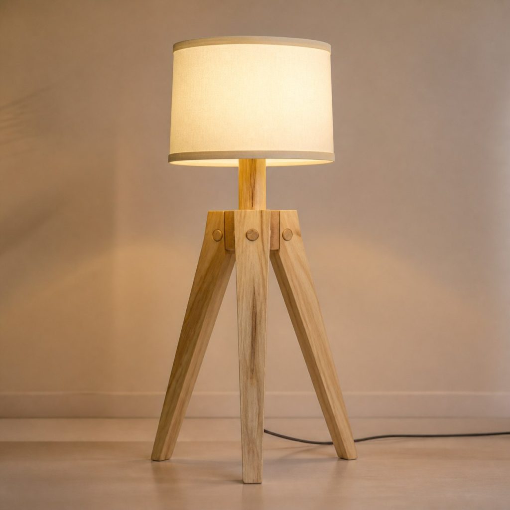 Poplar Tripod Reading Lamp shown as an original square photorealistic poplar wood lamp with authentic grain, warm diffused light, and a short dark power cord