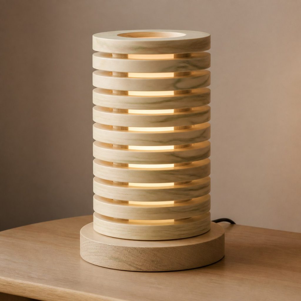 Poplar Stacked Ring Lamp shown as an original square photorealistic poplar wood lamp with authentic grain, warm diffused light, and a short dark power cord