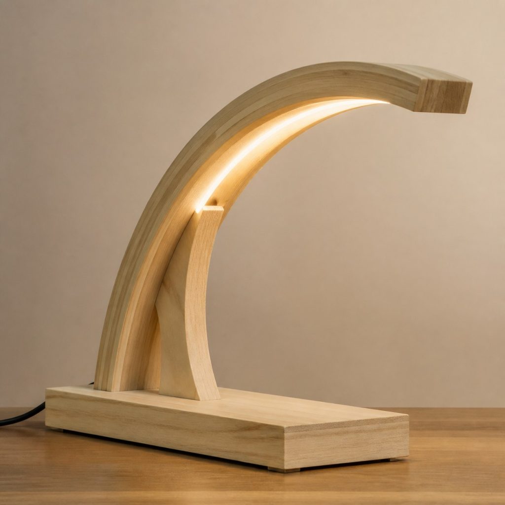 Poplar Laminated Arch Lamp shown as an original square photorealistic poplar wood lamp with authentic grain, warm diffused light, and a short dark power cord
