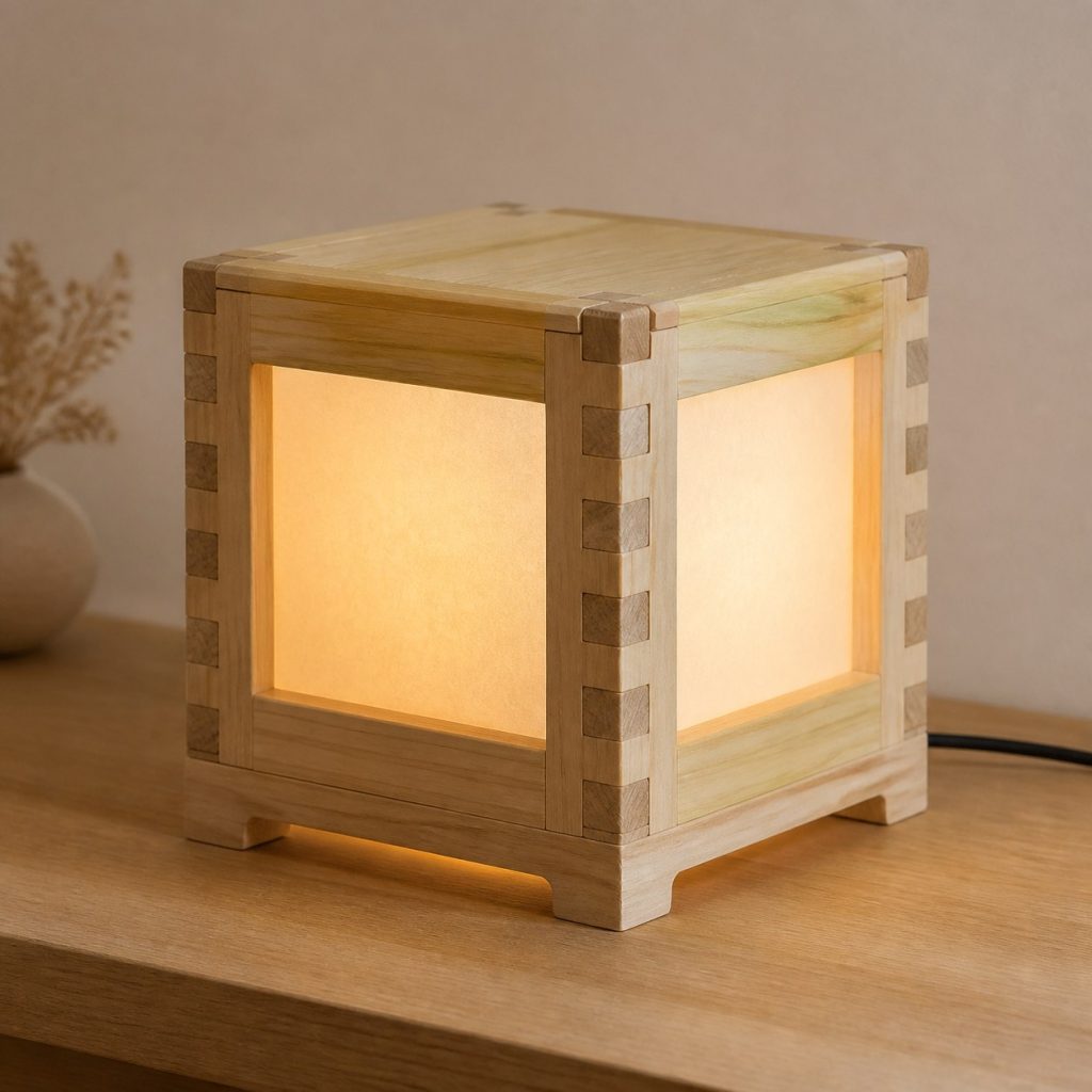Poplar Box-Jointed Cube Lamp shown as an original square photorealistic poplar wood lamp with authentic grain, warm diffused light, and a short dark power cord
