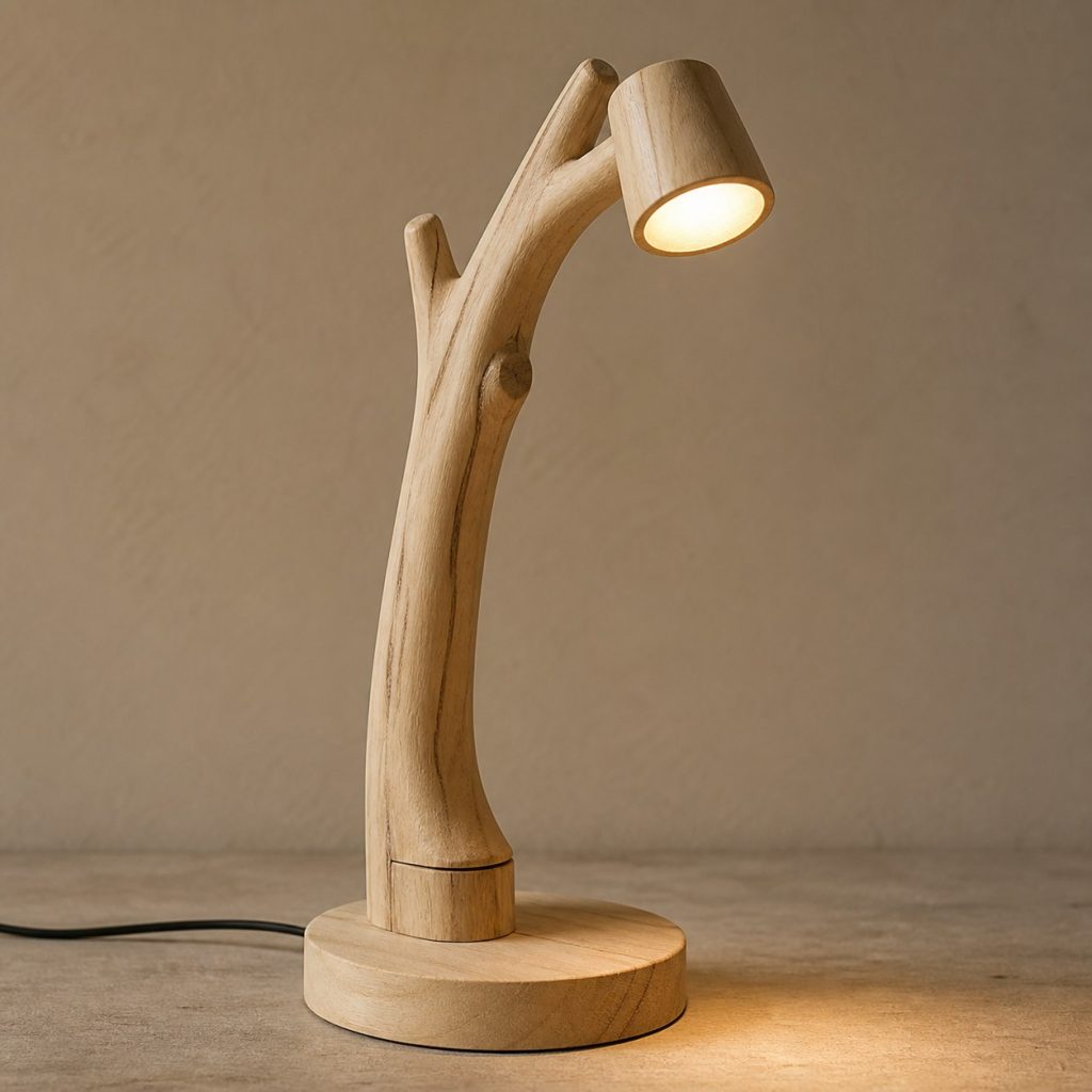 Poplar Branch Reading Lamp shown as an original square photorealistic poplar wood lamp with authentic grain, warm diffused light, and a short dark power cord